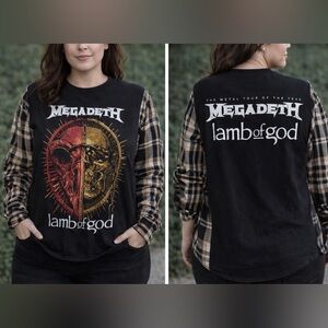 Custom Upcycled MEGADETH LAMB OF GOD Metal Tour Flannel Pullover Graphic Top OS